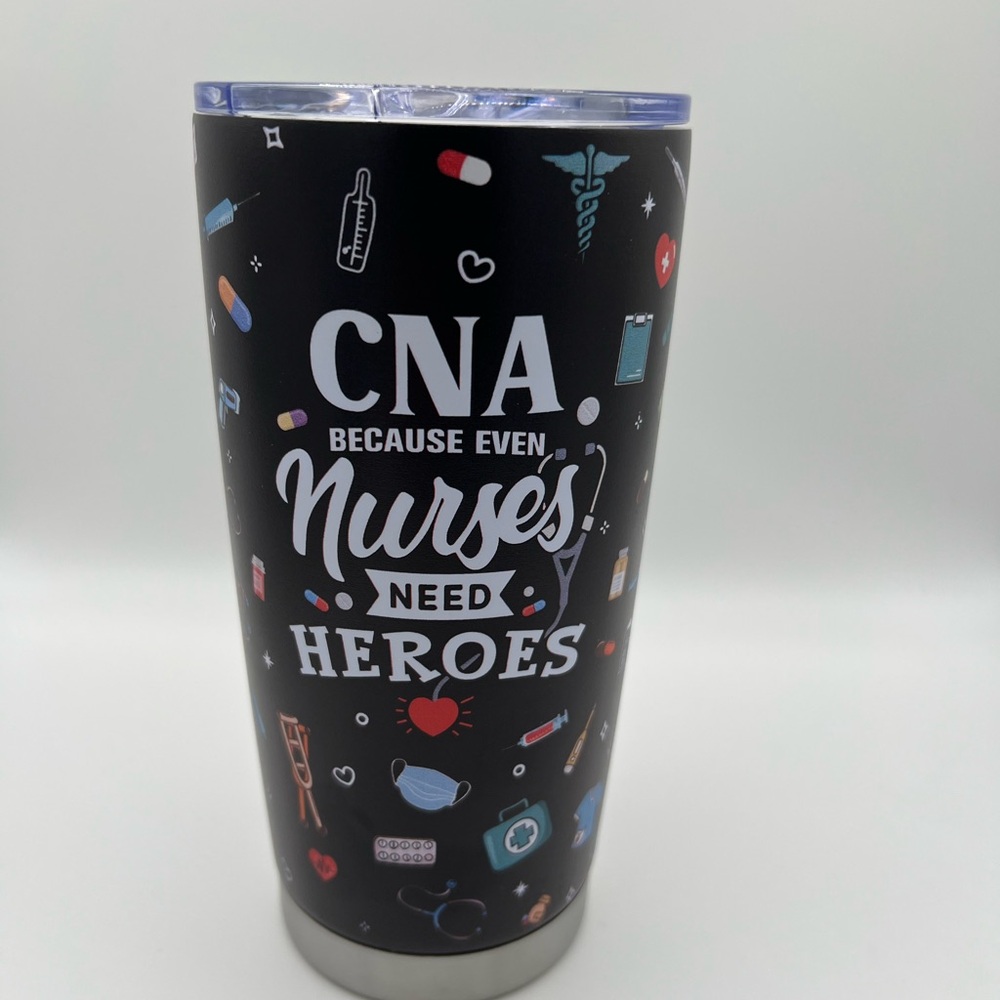 CNA Because Even Nurses Need Heroes Travel Tumbler - Black with Medical Icons